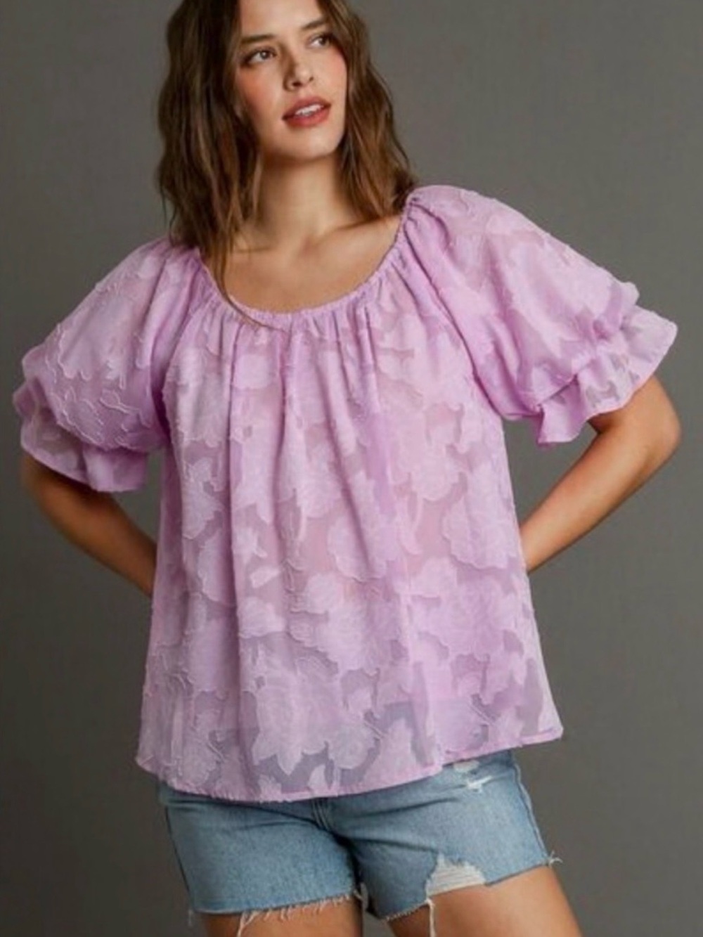 Umgee Lilac Floral Puff-Sleeve Blouse